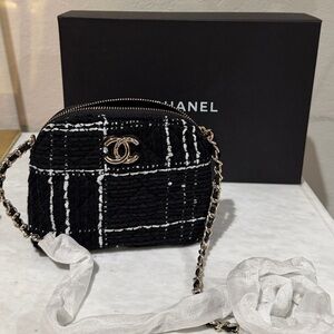 CHANEL Black Tweed Crossbody Bag with White Accents and Gold CC